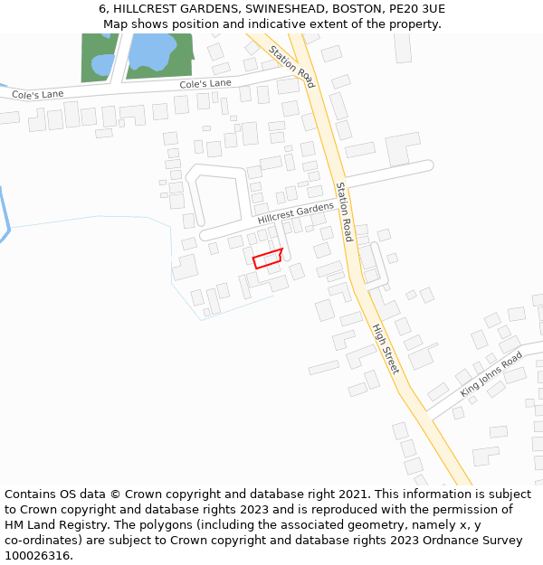 6, HILLCREST GARDENS, SWINESHEAD, BOSTON, PE20 3UE: Location map and indicative extent of plot