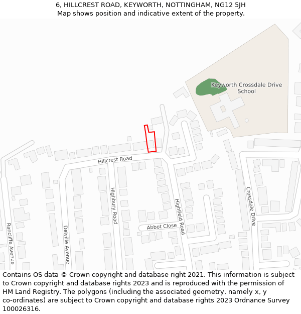 6, HILLCREST ROAD, KEYWORTH, NOTTINGHAM, NG12 5JH: Location map and indicative extent of plot