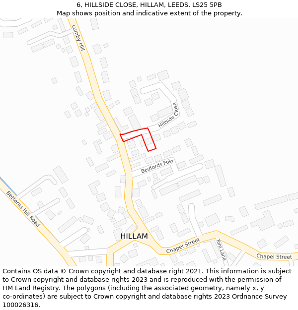 6, HILLSIDE CLOSE, HILLAM, LEEDS, LS25 5PB: Location map and indicative extent of plot