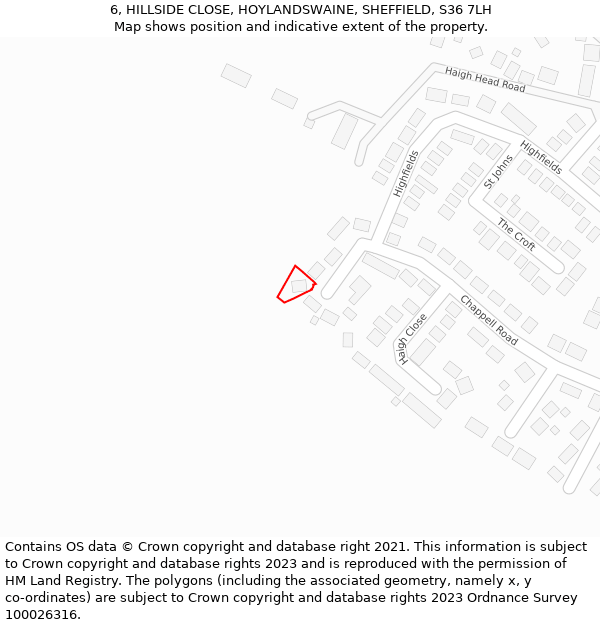 6, HILLSIDE CLOSE, HOYLANDSWAINE, SHEFFIELD, S36 7LH: Location map and indicative extent of plot