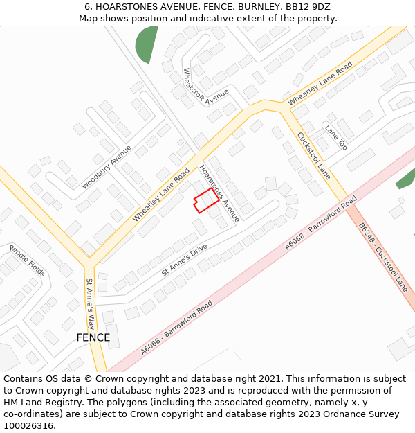 6, HOARSTONES AVENUE, FENCE, BURNLEY, BB12 9DZ: Location map and indicative extent of plot