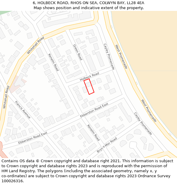 6, HOLBECK ROAD, RHOS ON SEA, COLWYN BAY, LL28 4EA: Location map and indicative extent of plot