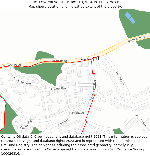 6, HOLLOW CRESCENT, DUPORTH, ST AUSTELL, PL26 6BL: Location map and indicative extent of plot