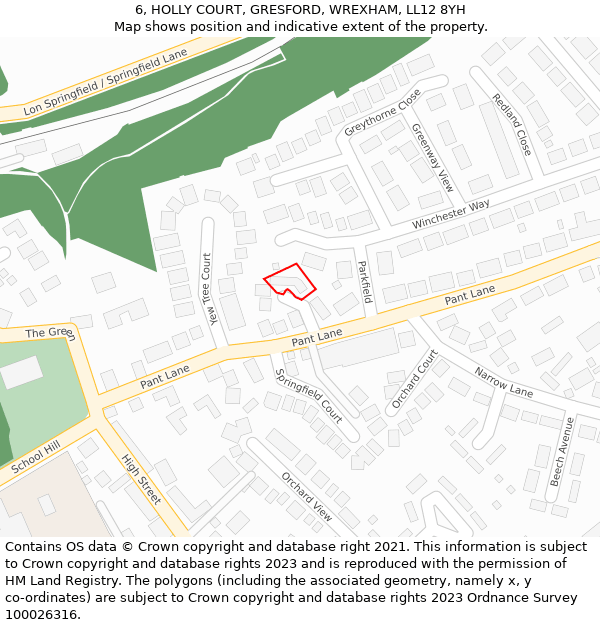 6, HOLLY COURT, GRESFORD, WREXHAM, LL12 8YH: Location map and indicative extent of plot