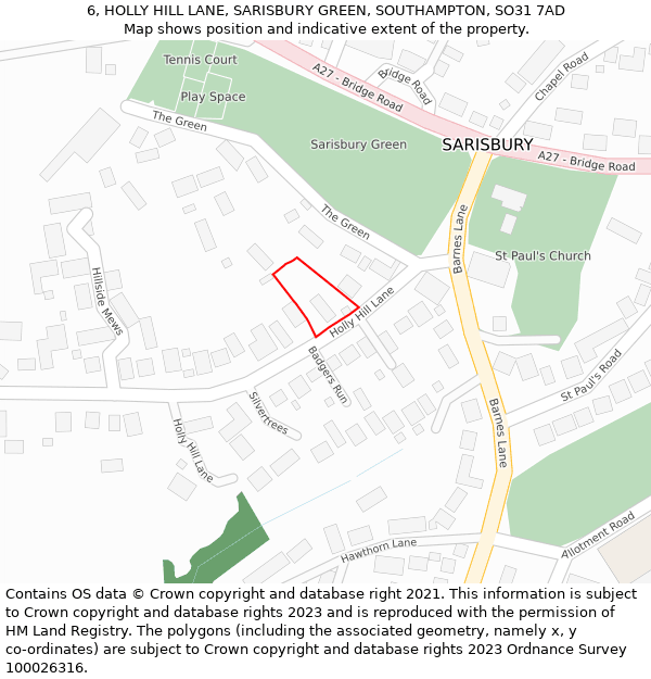 6, HOLLY HILL LANE, SARISBURY GREEN, SOUTHAMPTON, SO31 7AD: Location map and indicative extent of plot