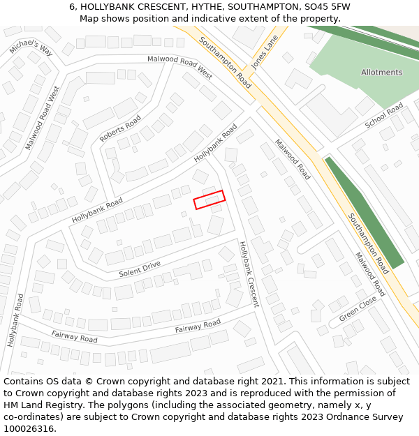 6, HOLLYBANK CRESCENT, HYTHE, SOUTHAMPTON, SO45 5FW: Location map and indicative extent of plot