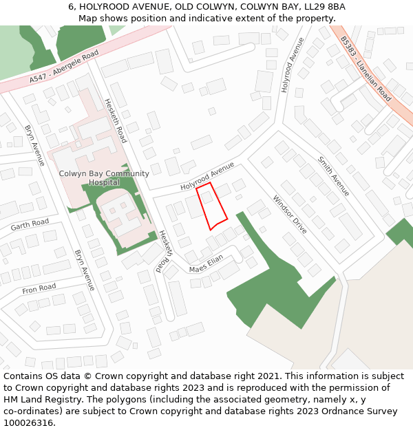 6, HOLYROOD AVENUE, OLD COLWYN, COLWYN BAY, LL29 8BA: Location map and indicative extent of plot