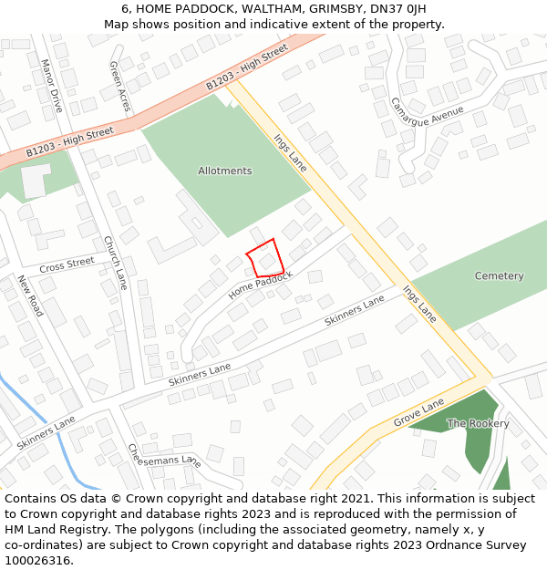 6, HOME PADDOCK, WALTHAM, GRIMSBY, DN37 0JH: Location map and indicative extent of plot