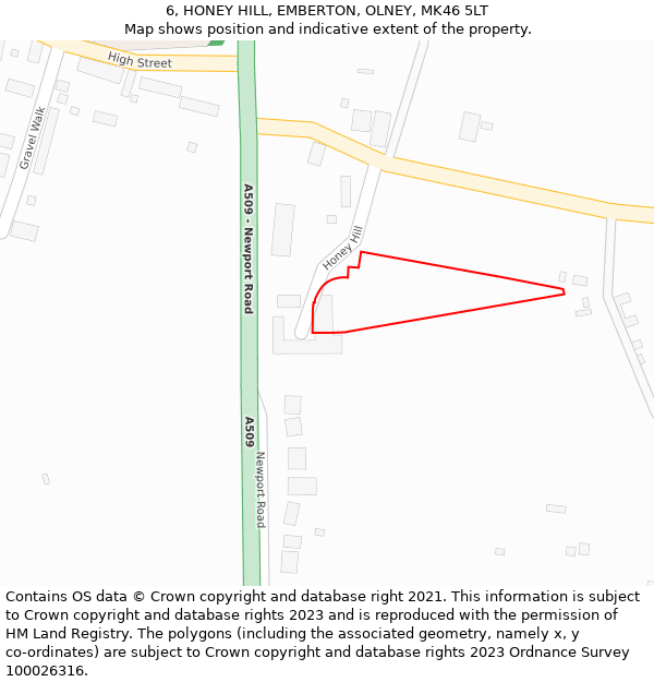 6, HONEY HILL, EMBERTON, OLNEY, MK46 5LT: Location map and indicative extent of plot