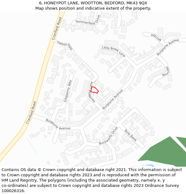 6, HONEYPOT LANE, WOOTTON, BEDFORD, MK43 9QX: Location map and indicative extent of plot