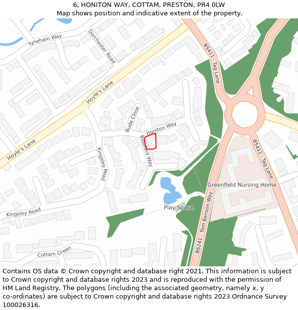 6, HONITON WAY, COTTAM, PRESTON, PR4 0LW: Location map and indicative extent of plot