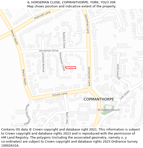 6, HORSEMAN CLOSE, COPMANTHORPE, YORK, YO23 3SR: Location map and indicative extent of plot