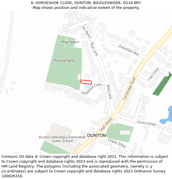 6, HORSESHOE CLOSE, DUNTON, BIGGLESWADE, SG18 8RY: Location map and indicative extent of plot