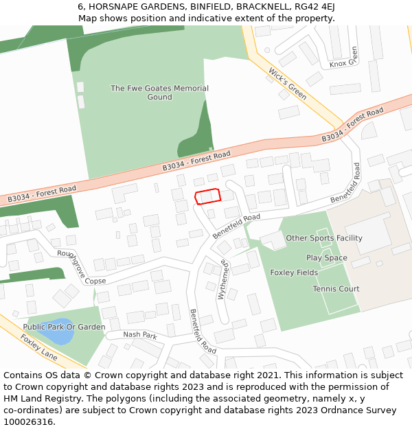 6, HORSNAPE GARDENS, BINFIELD, BRACKNELL, RG42 4EJ: Location map and indicative extent of plot