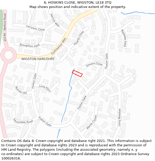 6, HOSKINS CLOSE, WIGSTON, LE18 3TQ: Location map and indicative extent of plot