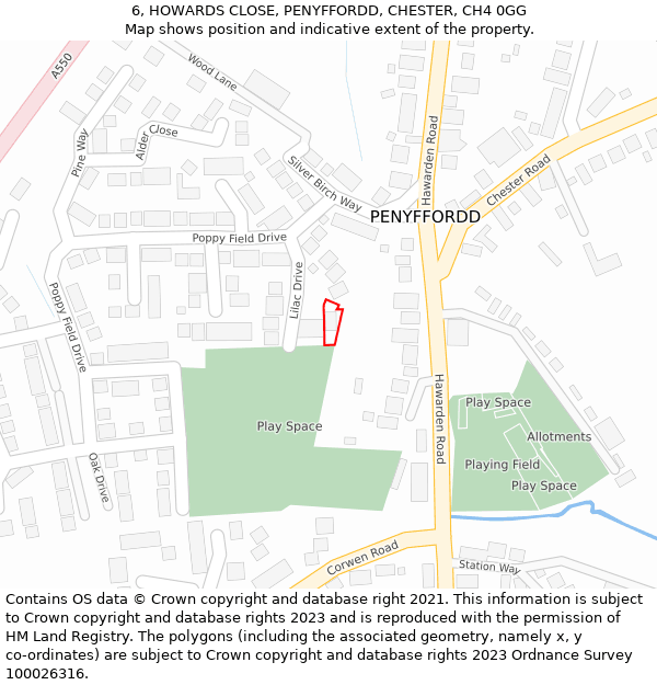 6, HOWARDS CLOSE, PENYFFORDD, CHESTER, CH4 0GG: Location map and indicative extent of plot