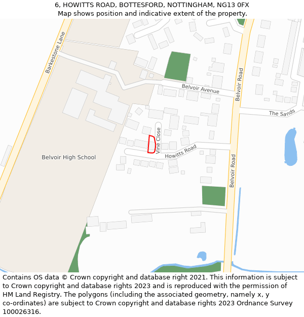 6, HOWITTS ROAD, BOTTESFORD, NOTTINGHAM, NG13 0FX: Location map and indicative extent of plot