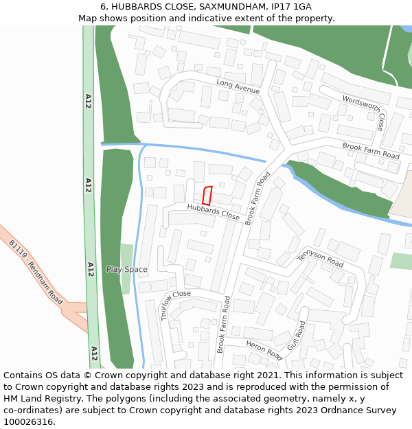 6, HUBBARDS CLOSE, SAXMUNDHAM, IP17 1GA: Location map and indicative extent of plot