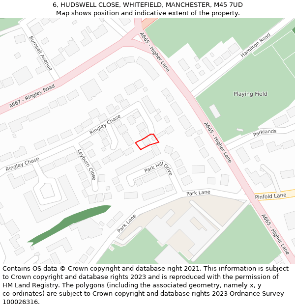 6, HUDSWELL CLOSE, WHITEFIELD, MANCHESTER, M45 7UD: Location map and indicative extent of plot