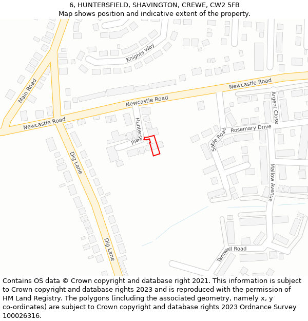 6, HUNTERSFIELD, SHAVINGTON, CREWE, CW2 5FB: Location map and indicative extent of plot