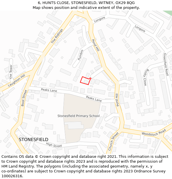 6, HUNTS CLOSE, STONESFIELD, WITNEY, OX29 8QG: Location map and indicative extent of plot