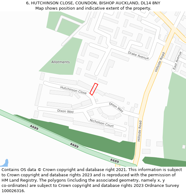 6, HUTCHINSON CLOSE, COUNDON, BISHOP AUCKLAND, DL14 8NY: Location map and indicative extent of plot