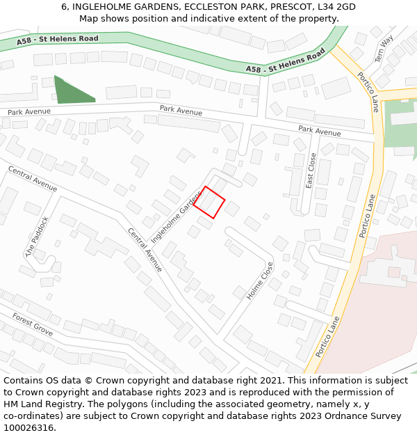 6, INGLEHOLME GARDENS, ECCLESTON PARK, PRESCOT, L34 2GD: Location map and indicative extent of plot