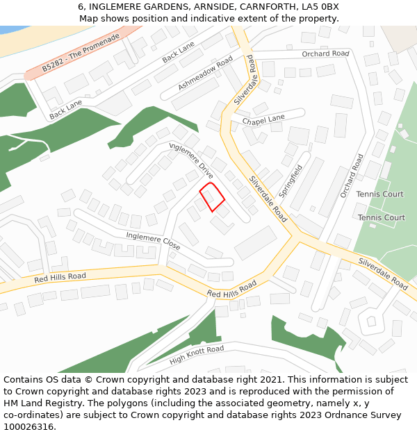 6, INGLEMERE GARDENS, ARNSIDE, CARNFORTH, LA5 0BX: Location map and indicative extent of plot