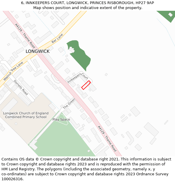 6, INNKEEPERS COURT, LONGWICK, PRINCES RISBOROUGH, HP27 9AP: Location map and indicative extent of plot