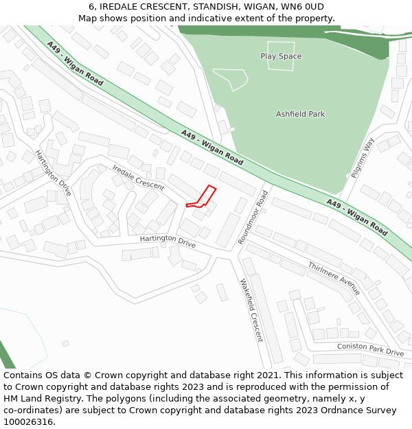 6, IREDALE CRESCENT, STANDISH, WIGAN, WN6 0UD: Location map and indicative extent of plot