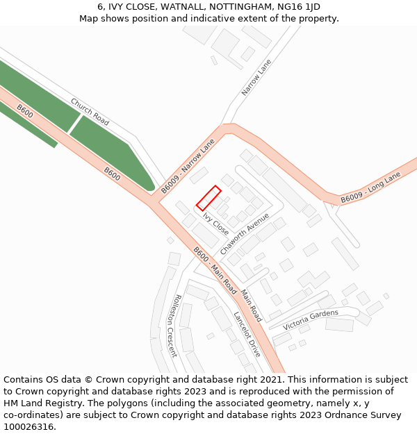 6, IVY CLOSE, WATNALL, NOTTINGHAM, NG16 1JD: Location map and indicative extent of plot