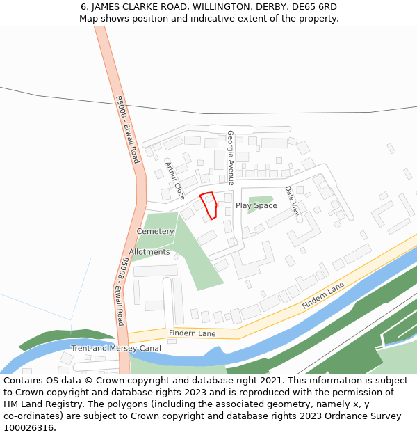 6, JAMES CLARKE ROAD, WILLINGTON, DERBY, DE65 6RD: Location map and indicative extent of plot