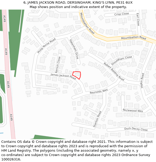 6, JAMES JACKSON ROAD, DERSINGHAM, KING'S LYNN, PE31 6UX: Location map and indicative extent of plot