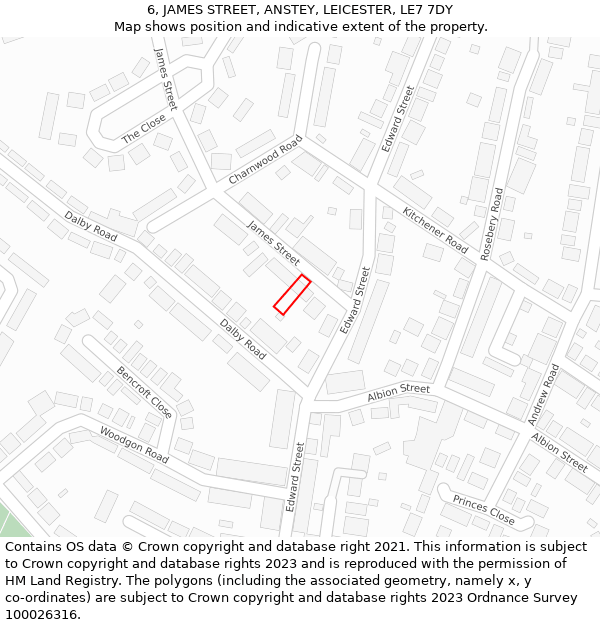 6, JAMES STREET, ANSTEY, LEICESTER, LE7 7DY: Location map and indicative extent of plot