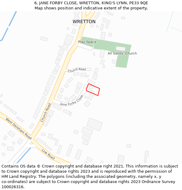 6, JANE FORBY CLOSE, WRETTON, KING'S LYNN, PE33 9QE: Location map and indicative extent of plot