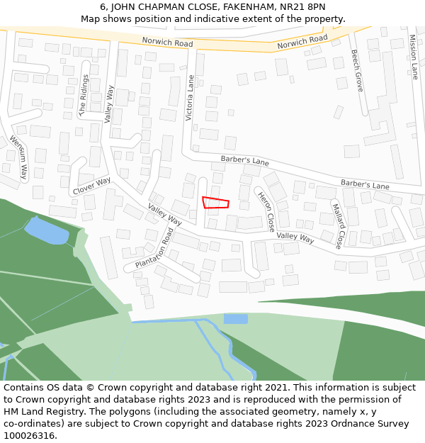 6, JOHN CHAPMAN CLOSE, FAKENHAM, NR21 8PN: Location map and indicative extent of plot