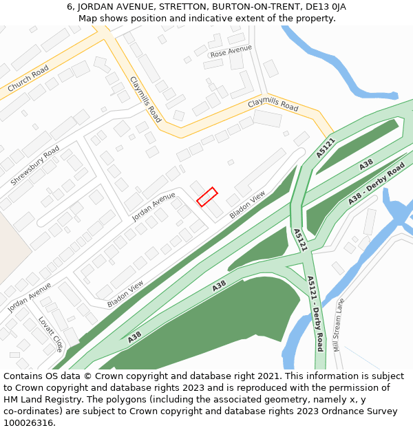 6, JORDAN AVENUE, STRETTON, BURTON-ON-TRENT, DE13 0JA: Location map and indicative extent of plot