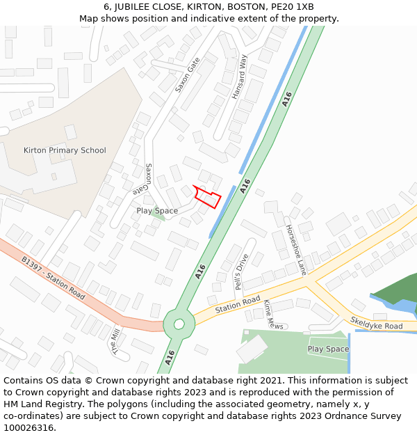 6, JUBILEE CLOSE, KIRTON, BOSTON, PE20 1XB: Location map and indicative extent of plot