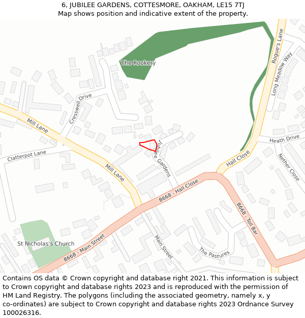 6, JUBILEE GARDENS, COTTESMORE, OAKHAM, LE15 7TJ: Location map and indicative extent of plot