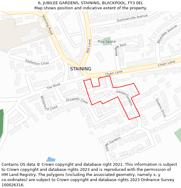 6, JUBILEE GARDENS, STAINING, BLACKPOOL, FY3 0EL: Location map and indicative extent of plot