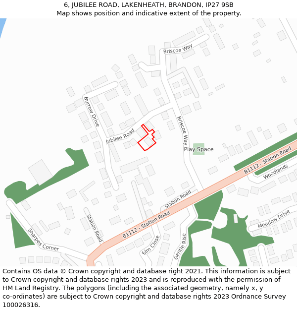 6, JUBILEE ROAD, LAKENHEATH, BRANDON, IP27 9SB: Location map and indicative extent of plot