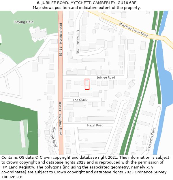 6, JUBILEE ROAD, MYTCHETT, CAMBERLEY, GU16 6BE: Location map and indicative extent of plot