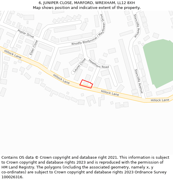 6, JUNIPER CLOSE, MARFORD, WREXHAM, LL12 8XH: Location map and indicative extent of plot