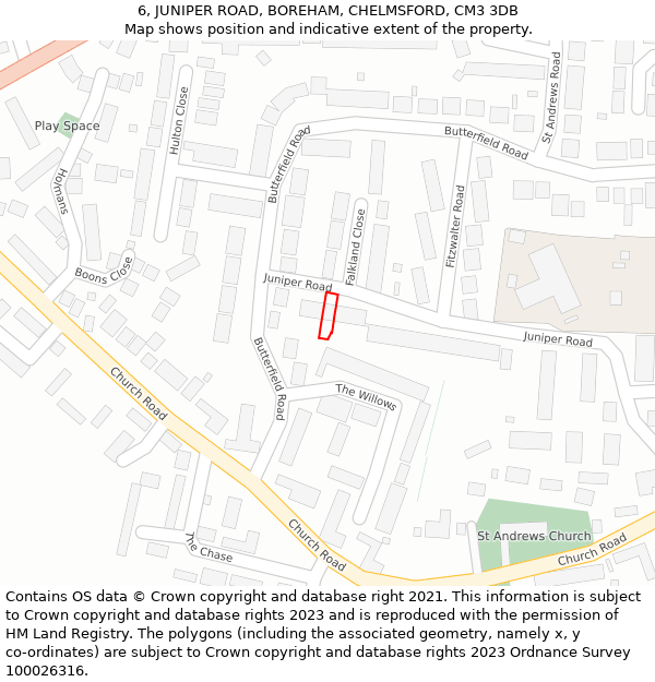 6, JUNIPER ROAD, BOREHAM, CHELMSFORD, CM3 3DB: Location map and indicative extent of plot