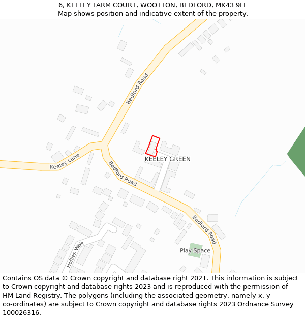 6, KEELEY FARM COURT, WOOTTON, BEDFORD, MK43 9LF: Location map and indicative extent of plot