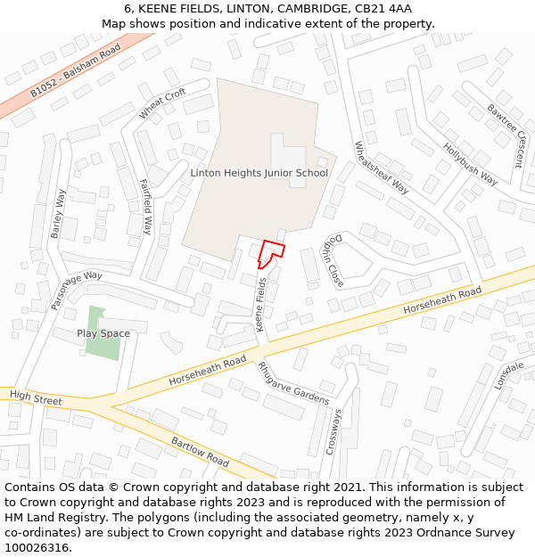 6, KEENE FIELDS, LINTON, CAMBRIDGE, CB21 4AA: Location map and indicative extent of plot