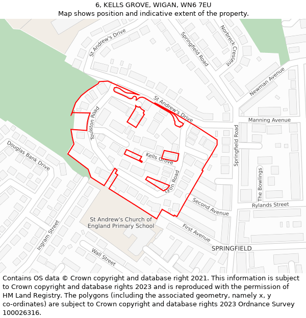 6, KELLS GROVE, WIGAN, WN6 7EU: Location map and indicative extent of plot