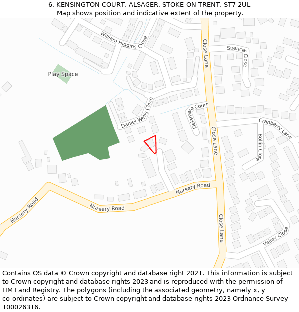 6, KENSINGTON COURT, ALSAGER, STOKE-ON-TRENT, ST7 2UL: Location map and indicative extent of plot