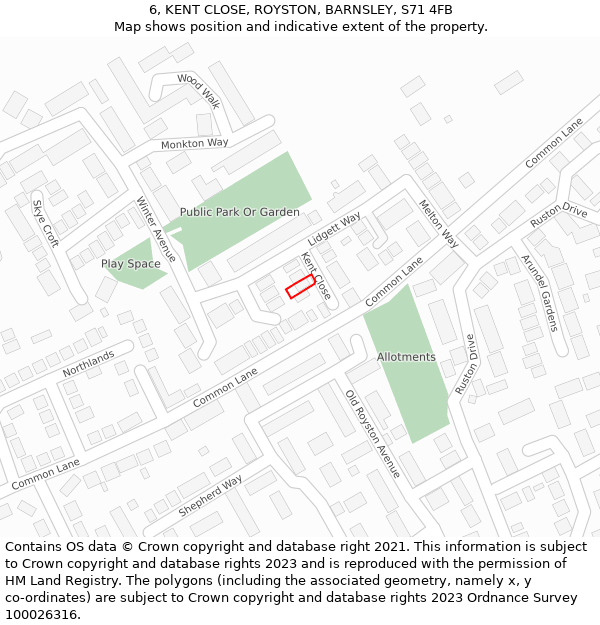 6, KENT CLOSE, ROYSTON, BARNSLEY, S71 4FB: Location map and indicative extent of plot