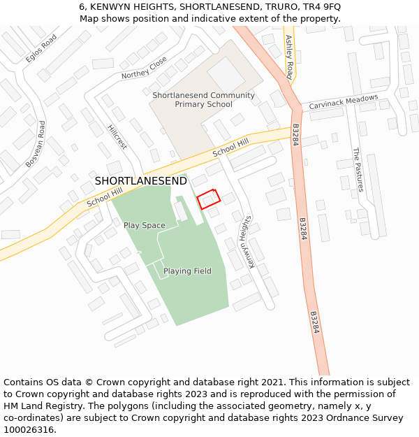 6, KENWYN HEIGHTS, SHORTLANESEND, TRURO, TR4 9FQ: Location map and indicative extent of plot